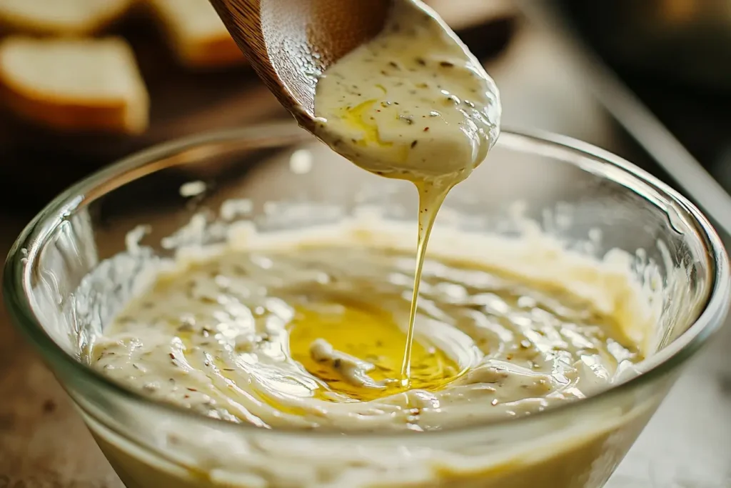 Caesar salad dressing being prepared