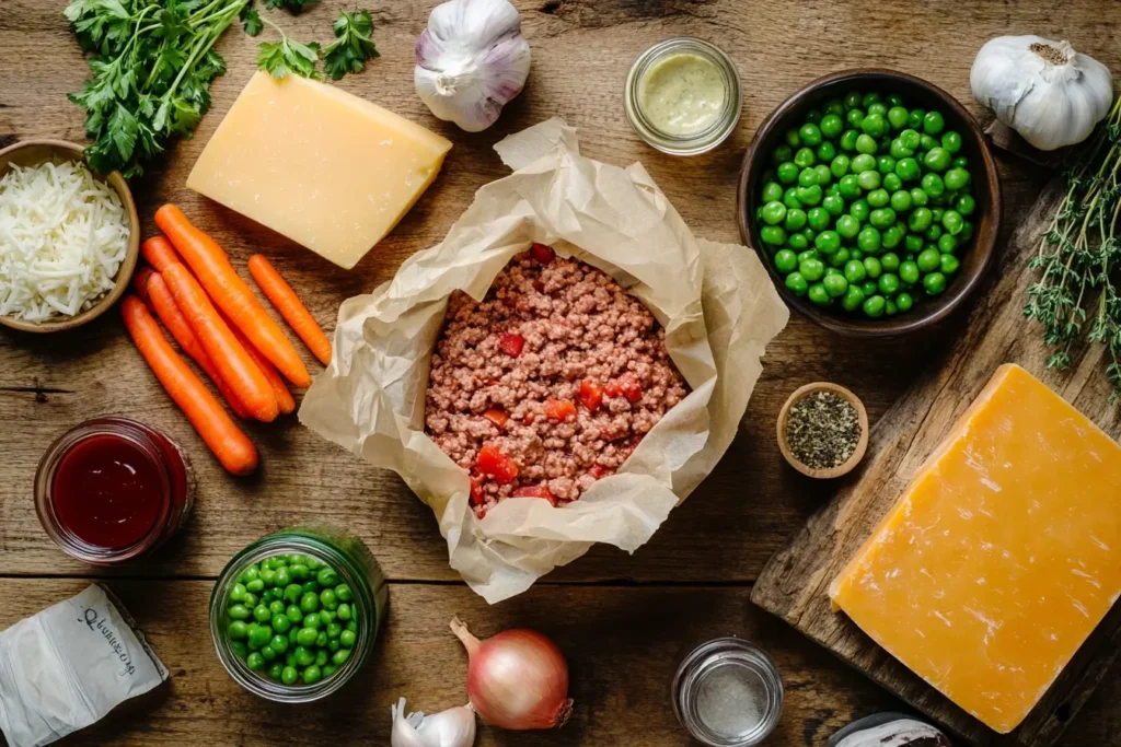 Overhead food photography of Hobo Casserole ingredients