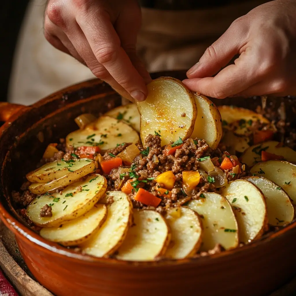 Layering Hobo Casserole in a glass baking dish