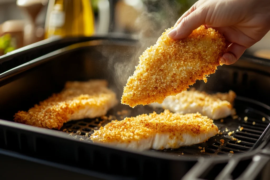 Breaded fish fillets being placed in an air fryer basket
