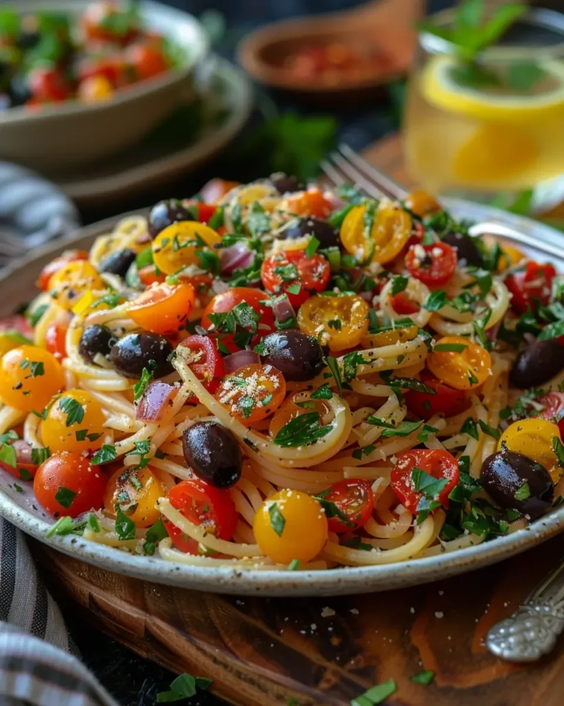 Complete dish of Zesty Spaghetti Salad