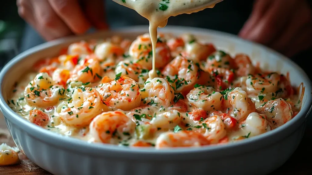 Creamy shrimp mixture being poured into a white ceramic casserole dish