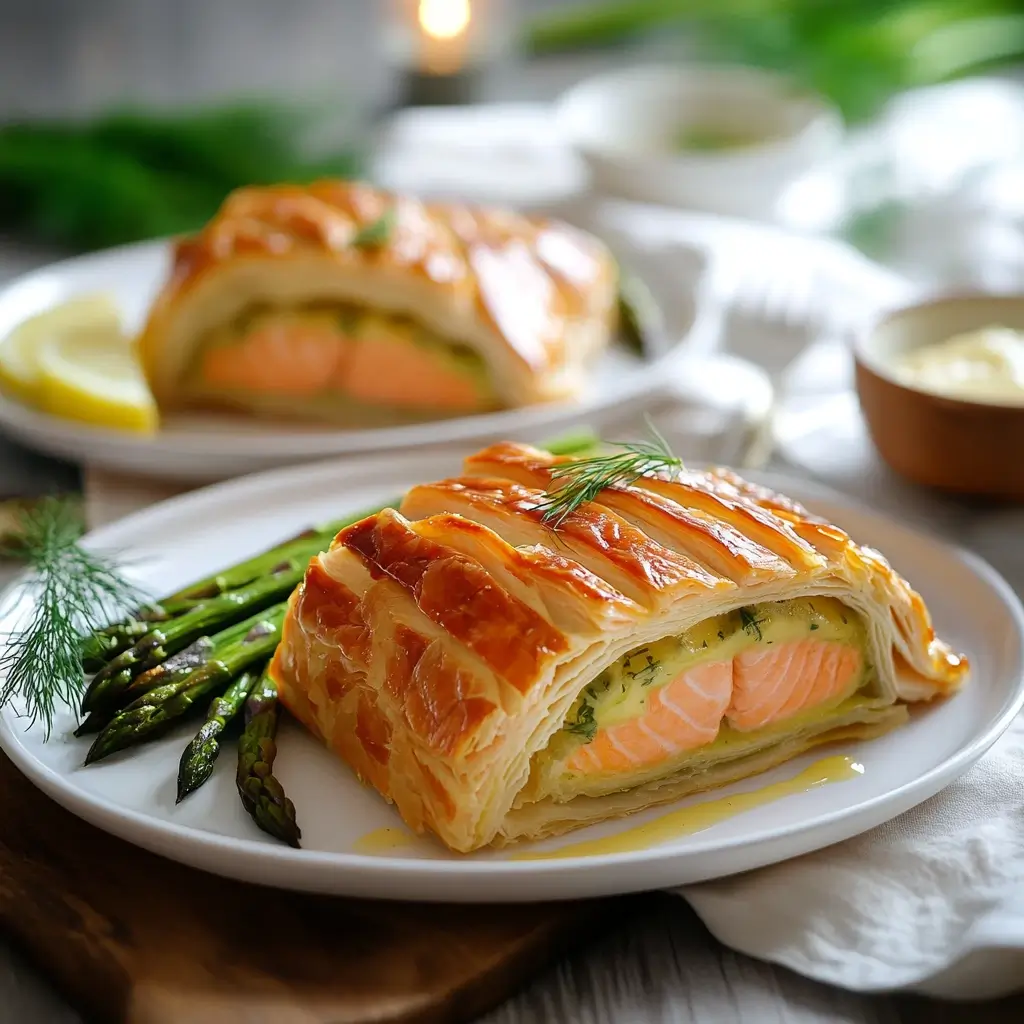 Final plat of Preparation and covering Salmon Wellington With Puff Pastry
