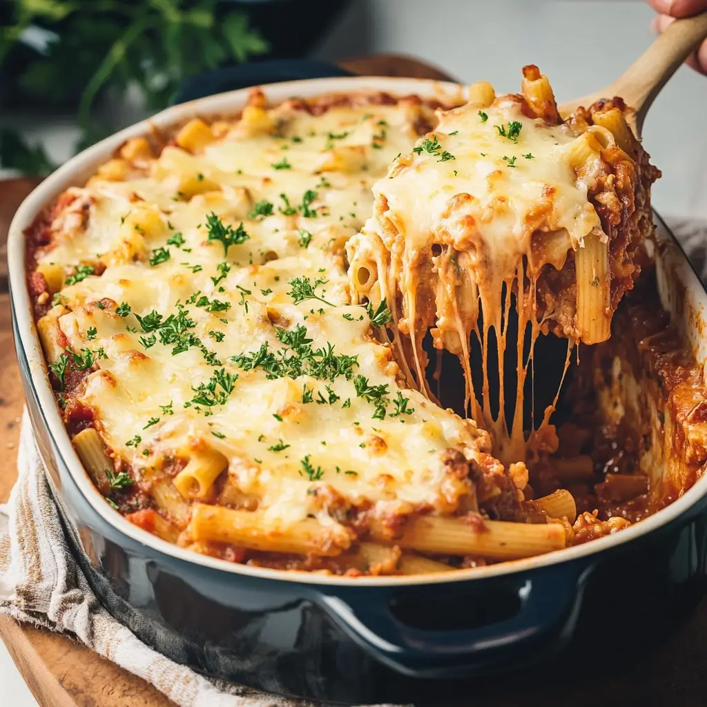 Freshly baked vegan ziti in ceramic baking dish