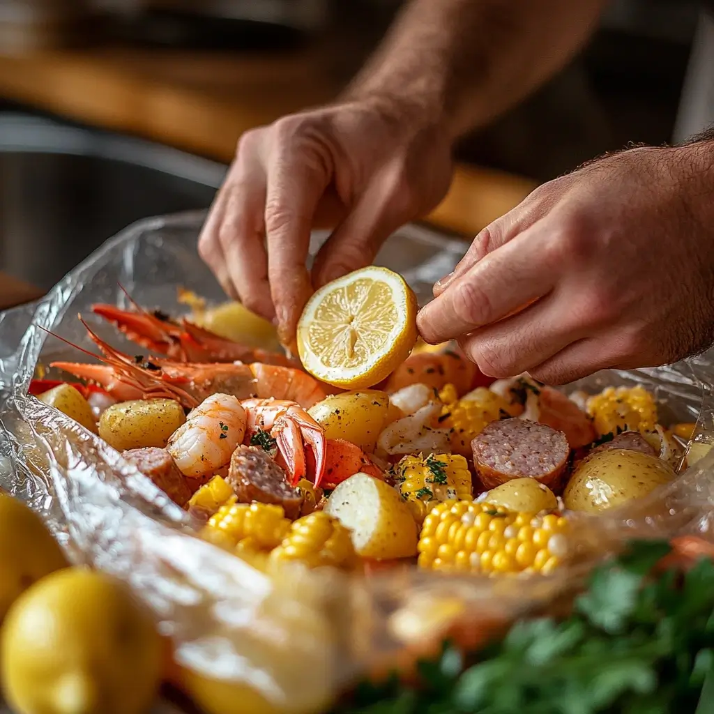 Hands assembling individual seafood boil packet