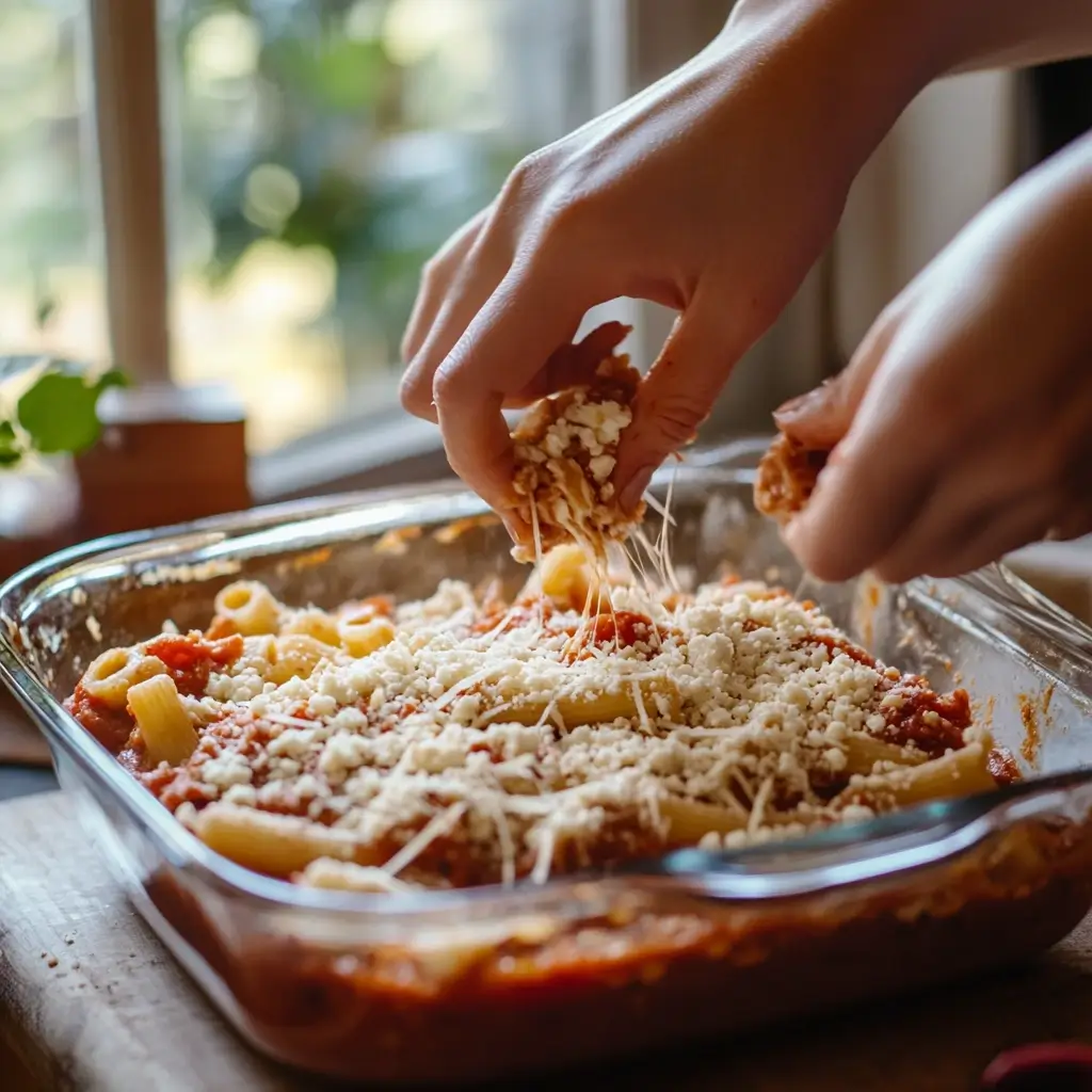 Hands layering vegan baked ziti in glass baking dish