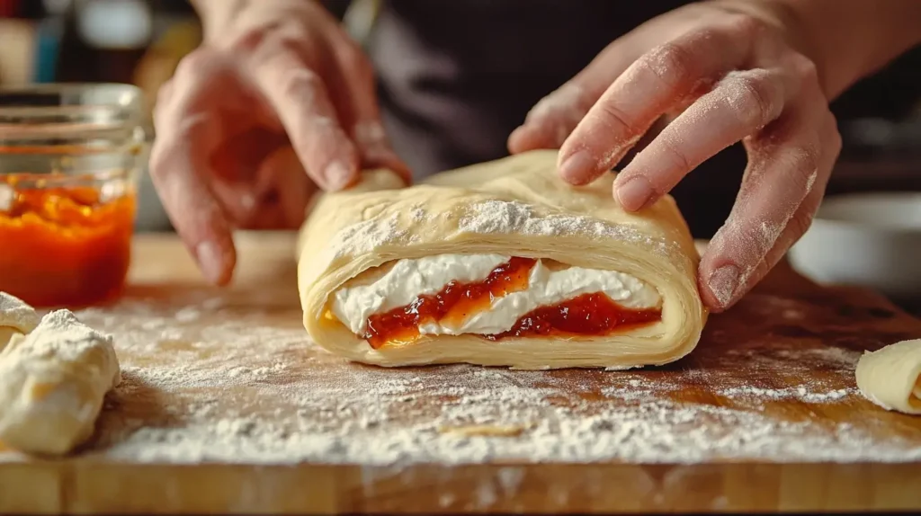 Hands rolling up crescent dough filled with cream cheese mixture