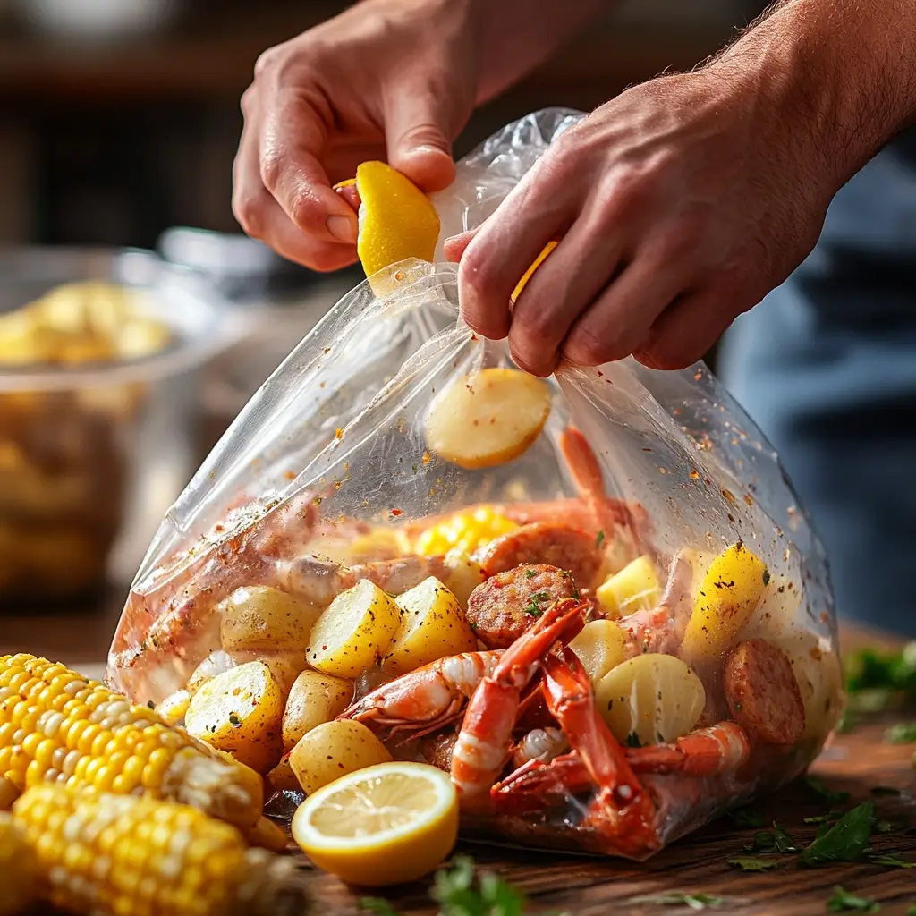 Hands sealingindividual seafood boil packet
