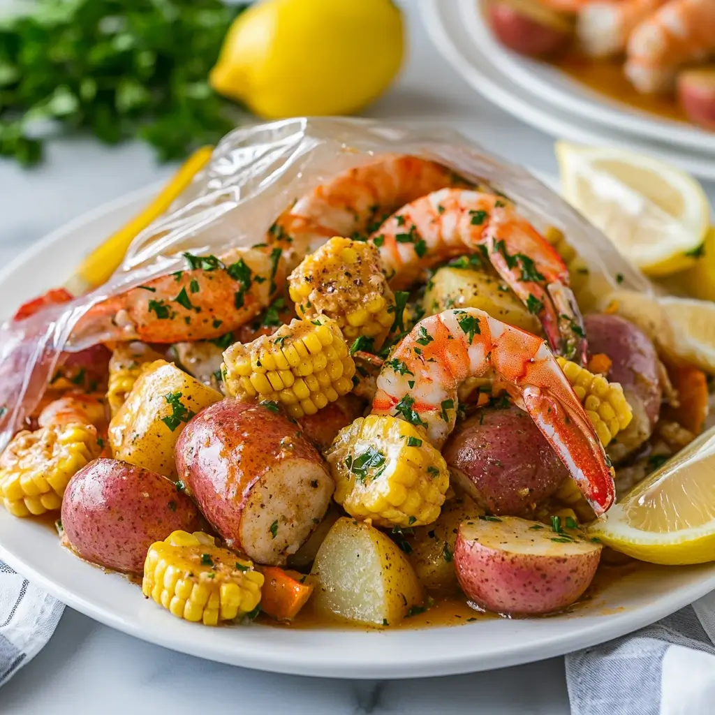 Opened seafood boil in a bag on white plate