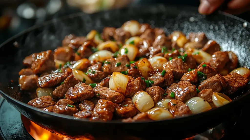 Preparation of Chinese Beef and Onion Stir Fry being cooked