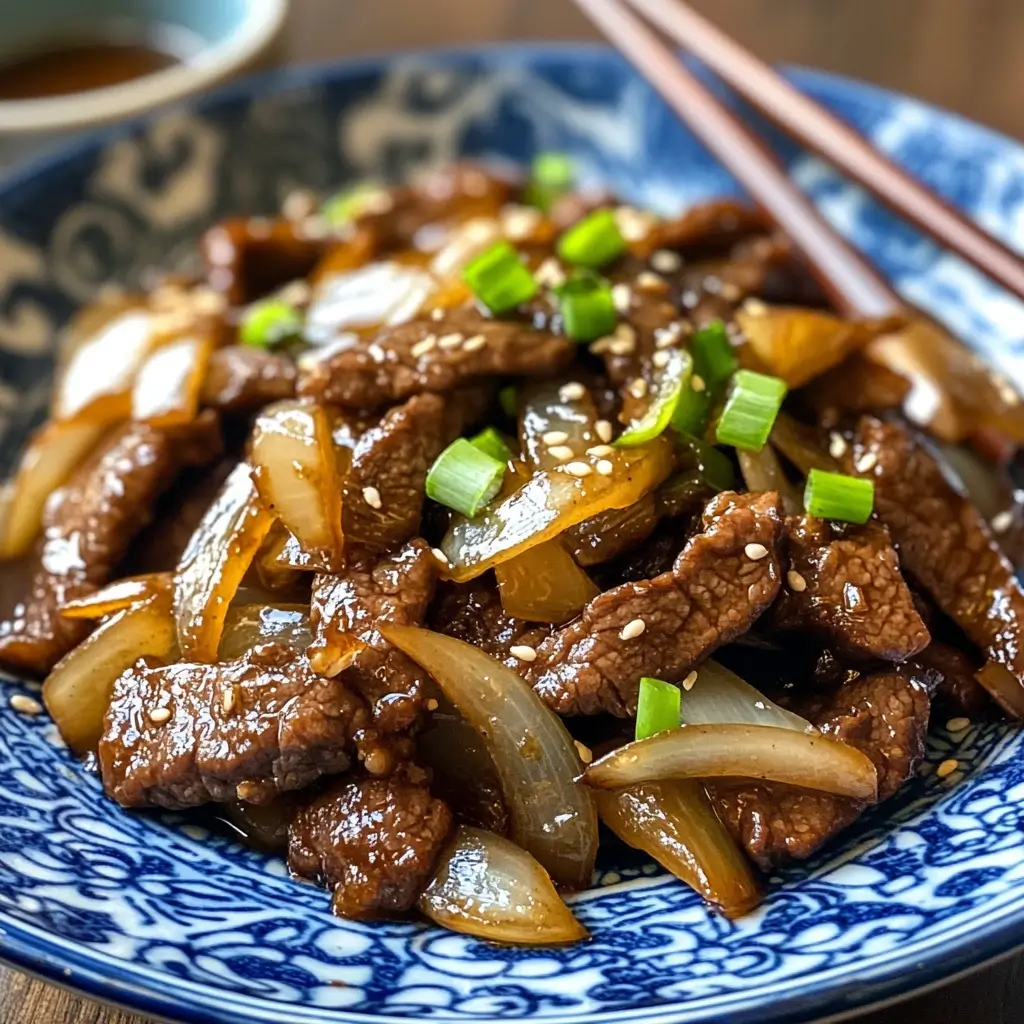 Presentation of completed Chinese Beef and Onion Stir Fry