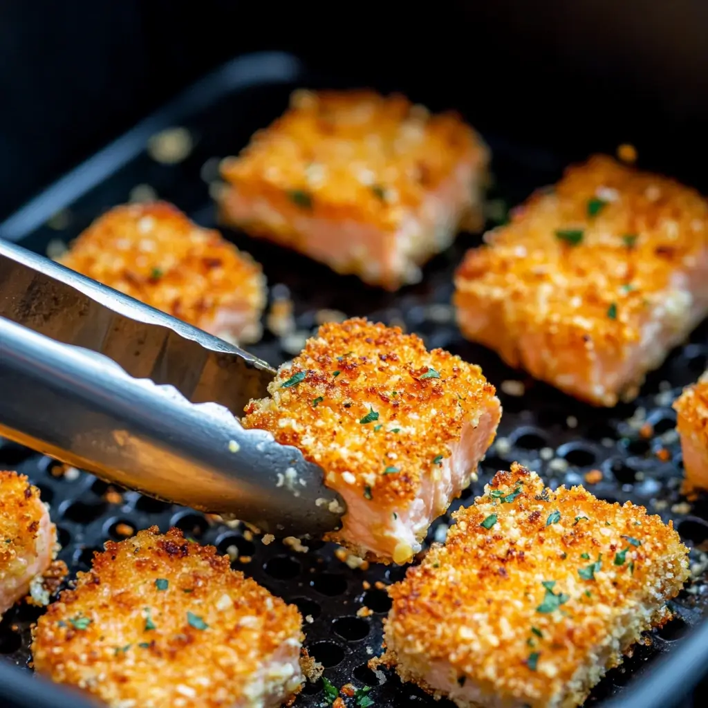 golden-brown crispy salmon bites being removed from an air fryer