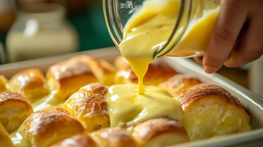 custard mixture being poured over sliced Hawaiian rolls
