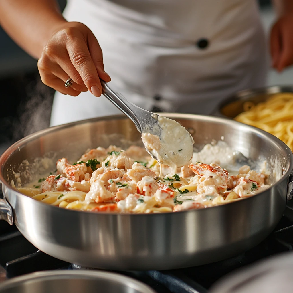 Chef adding lump crab meat 