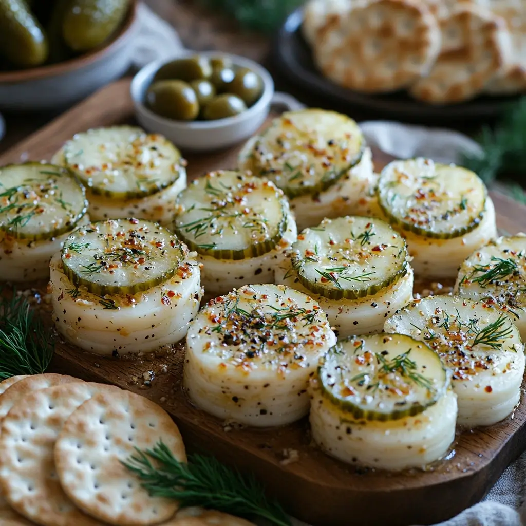 Final plat of Pickle-Marinated Cheese Stacks